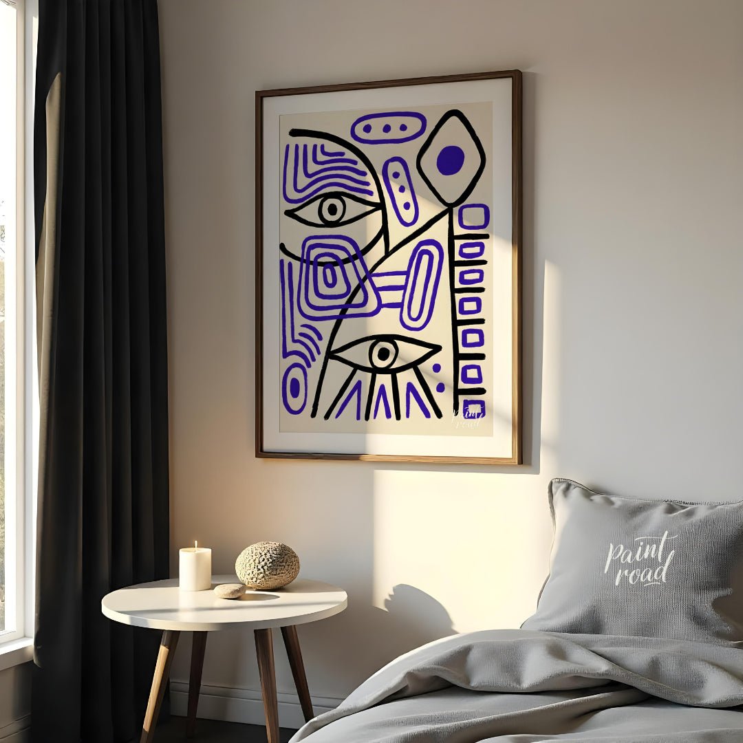 This abstract artwork by Pablo Picasso features a captivating arrangement of geometric shapes, line… for bedroom