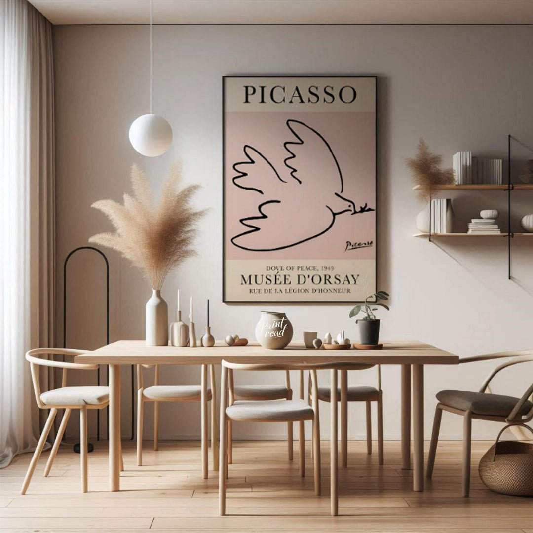 This iconic poster features Pablo Picasso’s “Dove of Peace,” a universally recognized symbol create… for dining room