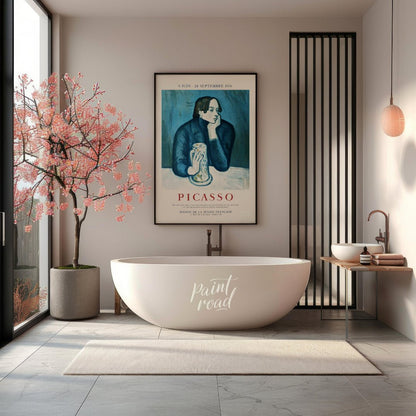 This vintage exhibition poster promotes a significant retrospective of Pablo Picasso’s works, “PICA… for bathroom