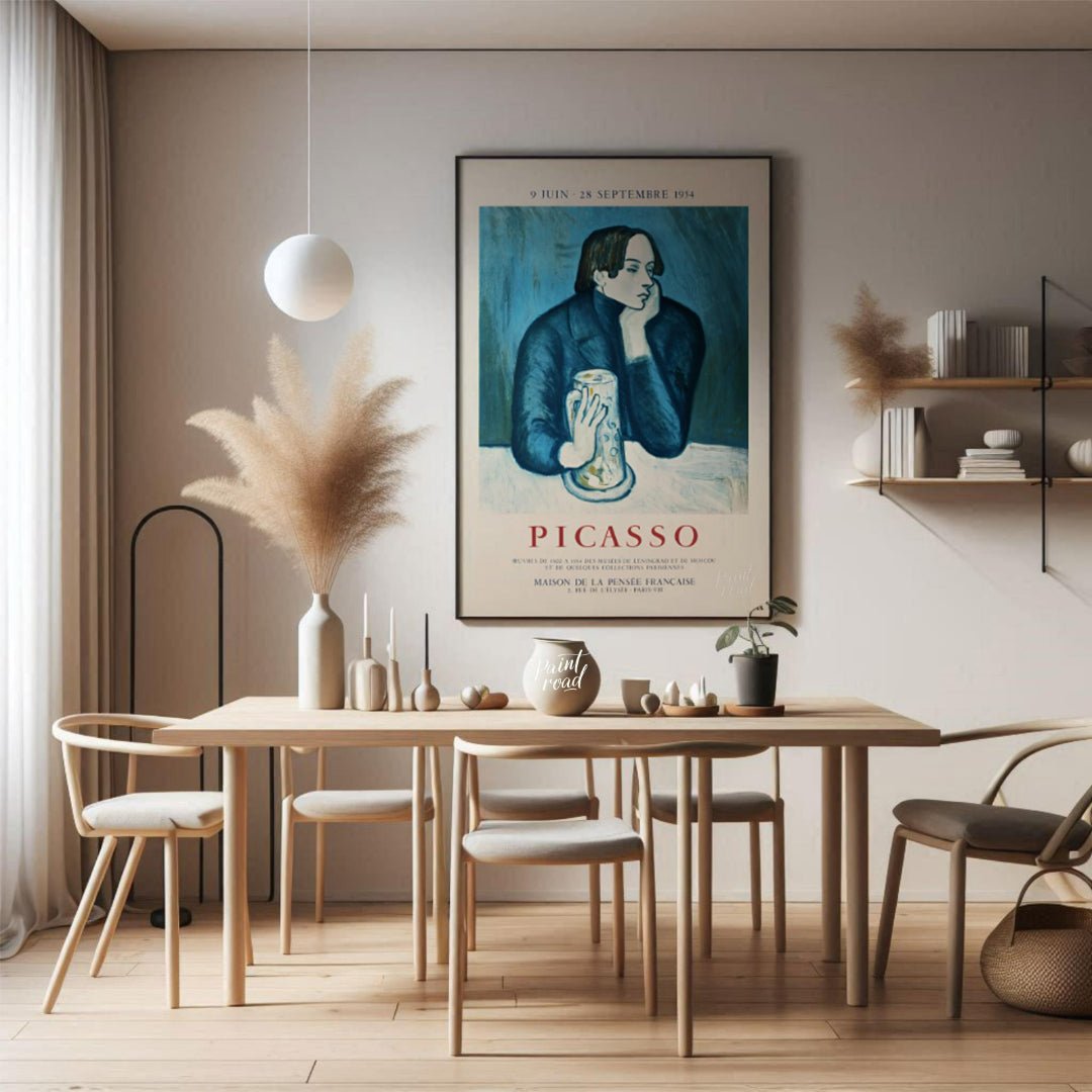 This vintage exhibition poster promotes a significant retrospective of Pablo Picasso’s works, “PICA… for dining room