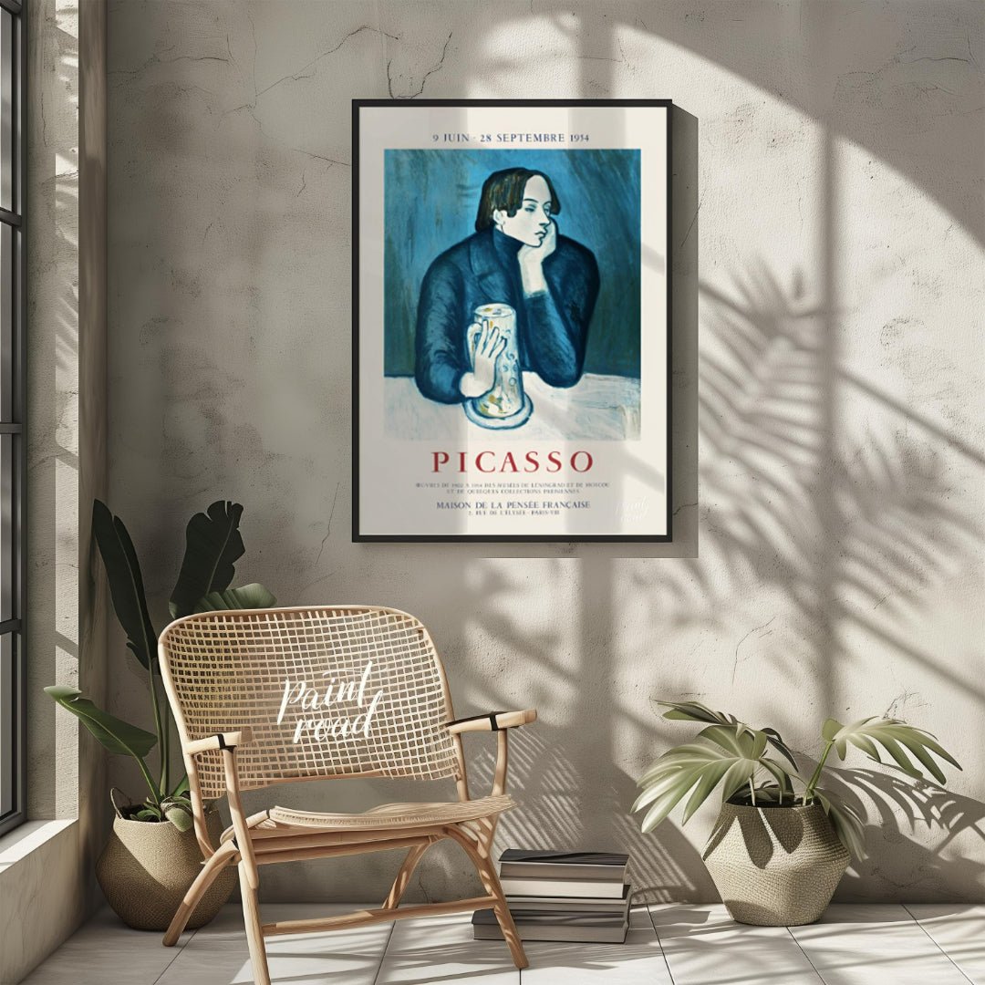 This vintage exhibition poster promotes a significant retrospective of Pablo Picasso’s works, “PICA… for living room