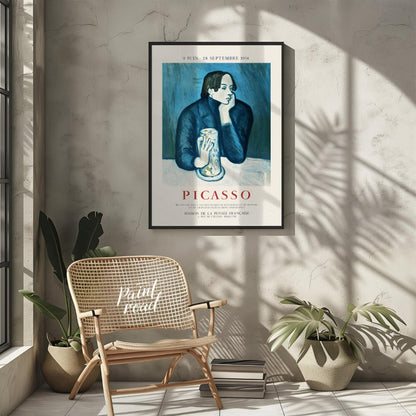 This vintage exhibition poster promotes a significant retrospective of Pablo Picasso’s works, “PICA… for living room