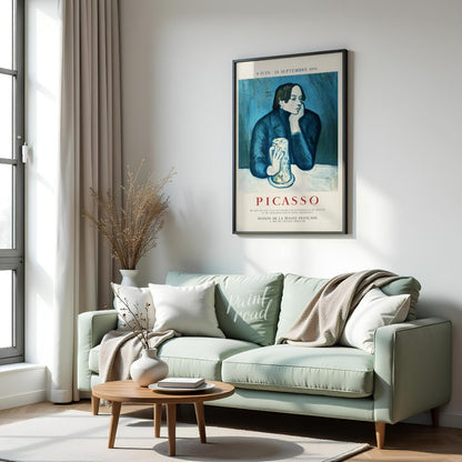 This vintage exhibition poster promotes a significant retrospective of Pablo Picasso’s works, “PICA… for living room