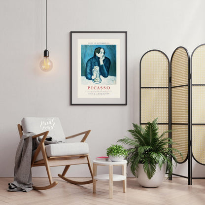 This vintage exhibition poster promotes a significant retrospective of Pablo Picasso’s works, “PICA… for living room