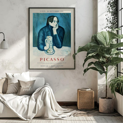 This vintage exhibition poster promotes a significant retrospective of Pablo Picasso’s works, “PICA… for living room