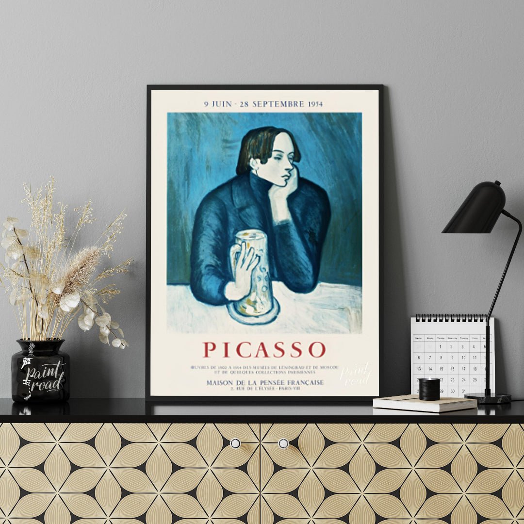 This vintage exhibition poster promotes a significant retrospective of Pablo Picasso’s works, “PICA… for office