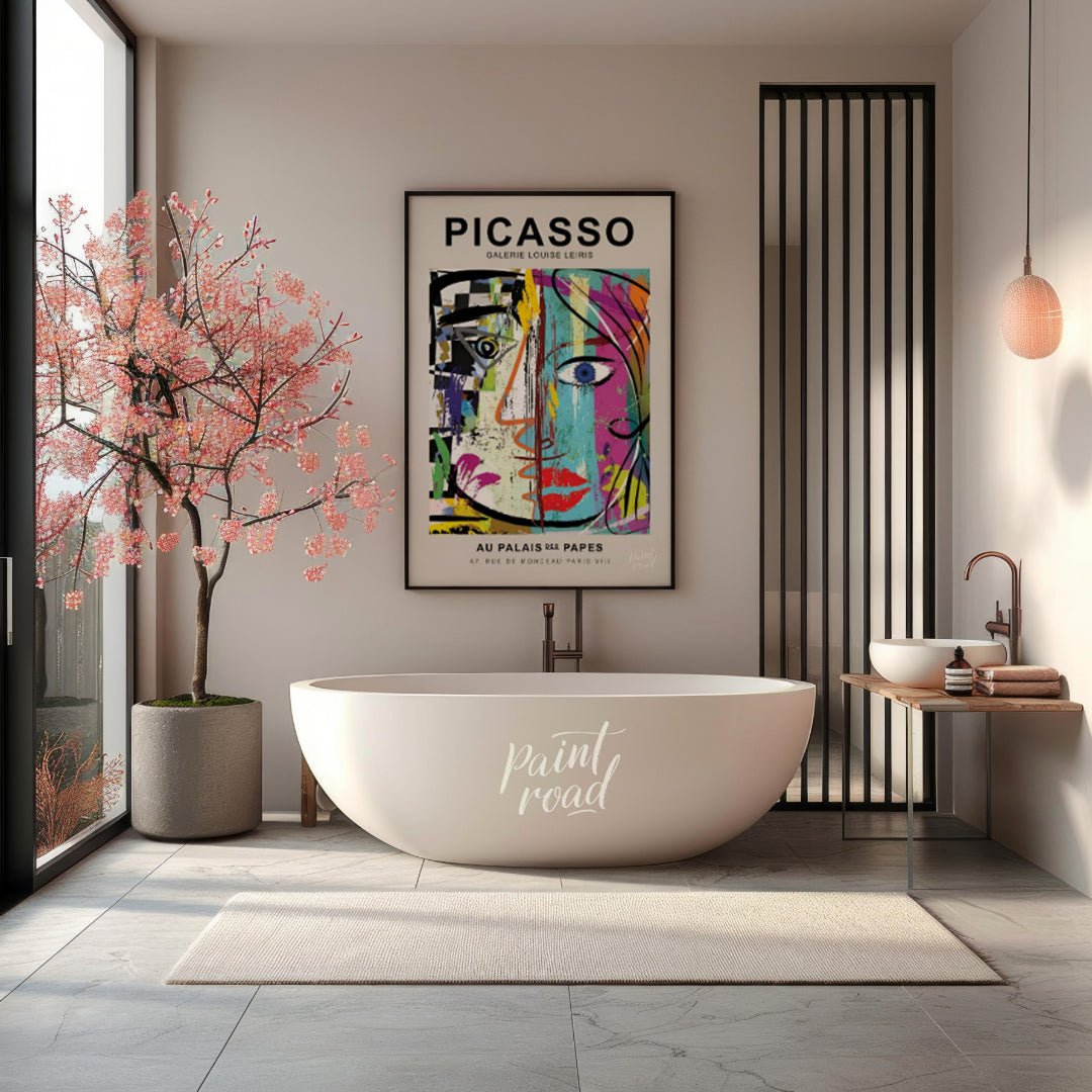 This highly energetic and colorful poster advertises a Picasso exhibition at Galerie Louise Leiris,… for bathroom
