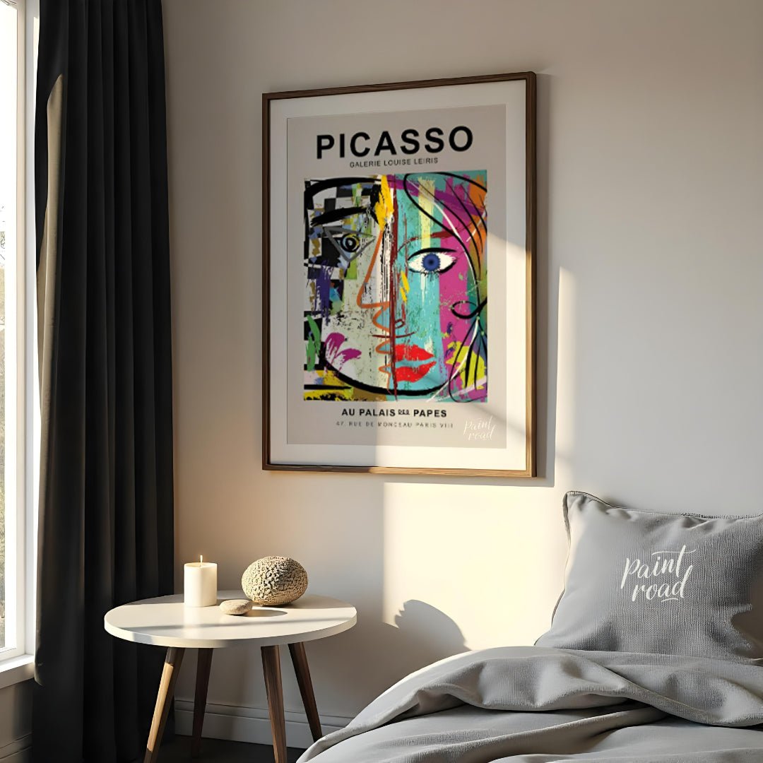 This highly energetic and colorful poster advertises a Picasso exhibition at Galerie Louise Leiris,… for bedroom