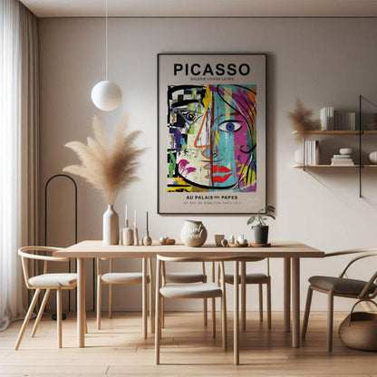 This highly energetic and colorful poster advertises a Picasso exhibition at Galerie Louise Leiris,… for dining room