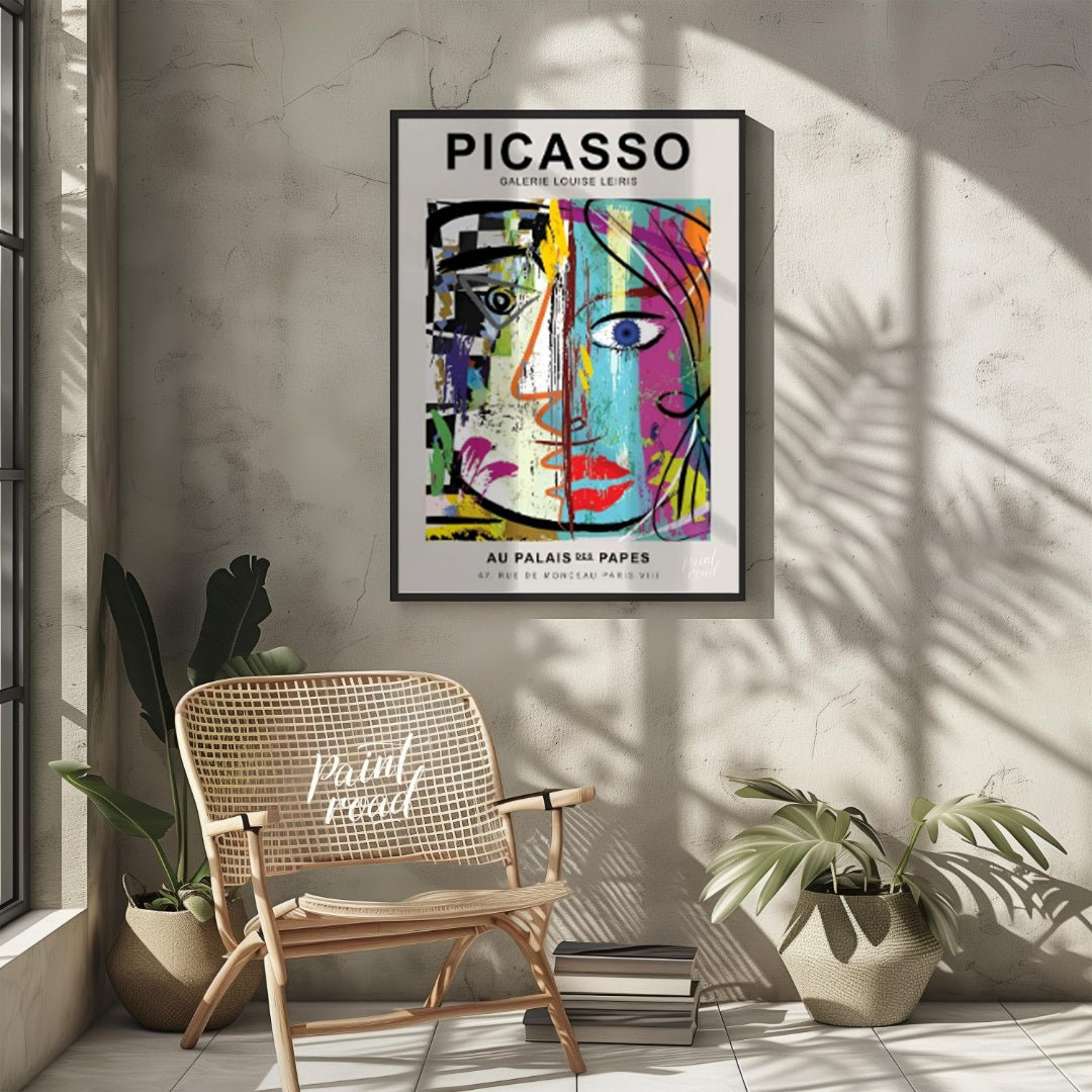 This highly energetic and colorful poster advertises a Picasso exhibition at Galerie Louise Leiris,… for living room