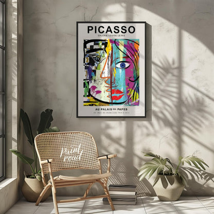 This highly energetic and colorful poster advertises a Picasso exhibition at Galerie Louise Leiris,… for living room