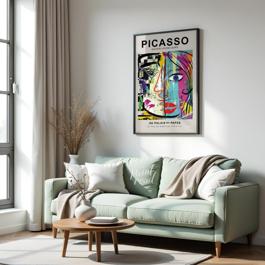 This highly energetic and colorful poster advertises a Picasso exhibition at Galerie Louise Leiris,… for living room