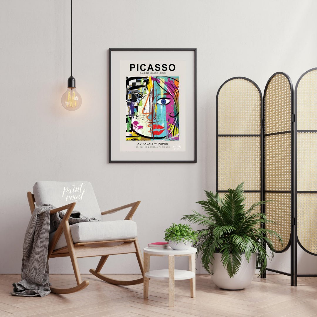 This highly energetic and colorful poster advertises a Picasso exhibition at Galerie Louise Leiris,… for living room