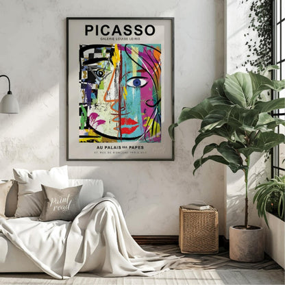 This highly energetic and colorful poster advertises a Picasso exhibition at Galerie Louise Leiris,… for living room