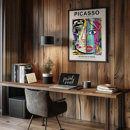 This highly energetic and colorful poster advertises a Picasso exhibition at Galerie Louise Leiris,… for office