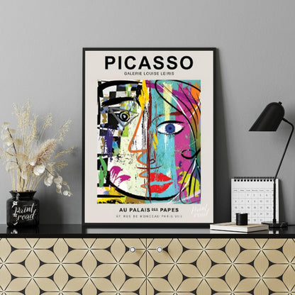 This highly energetic and colorful poster advertises a Picasso exhibition at Galerie Louise Leiris,… for other