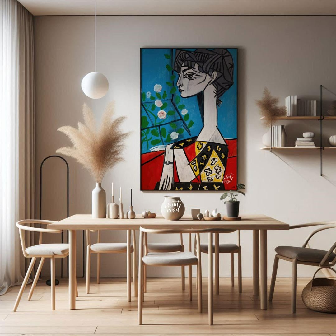 This masterwork art print features Pablo Picasso’s iconic painting, “Jacqueline with Flowers.” The … for dining room