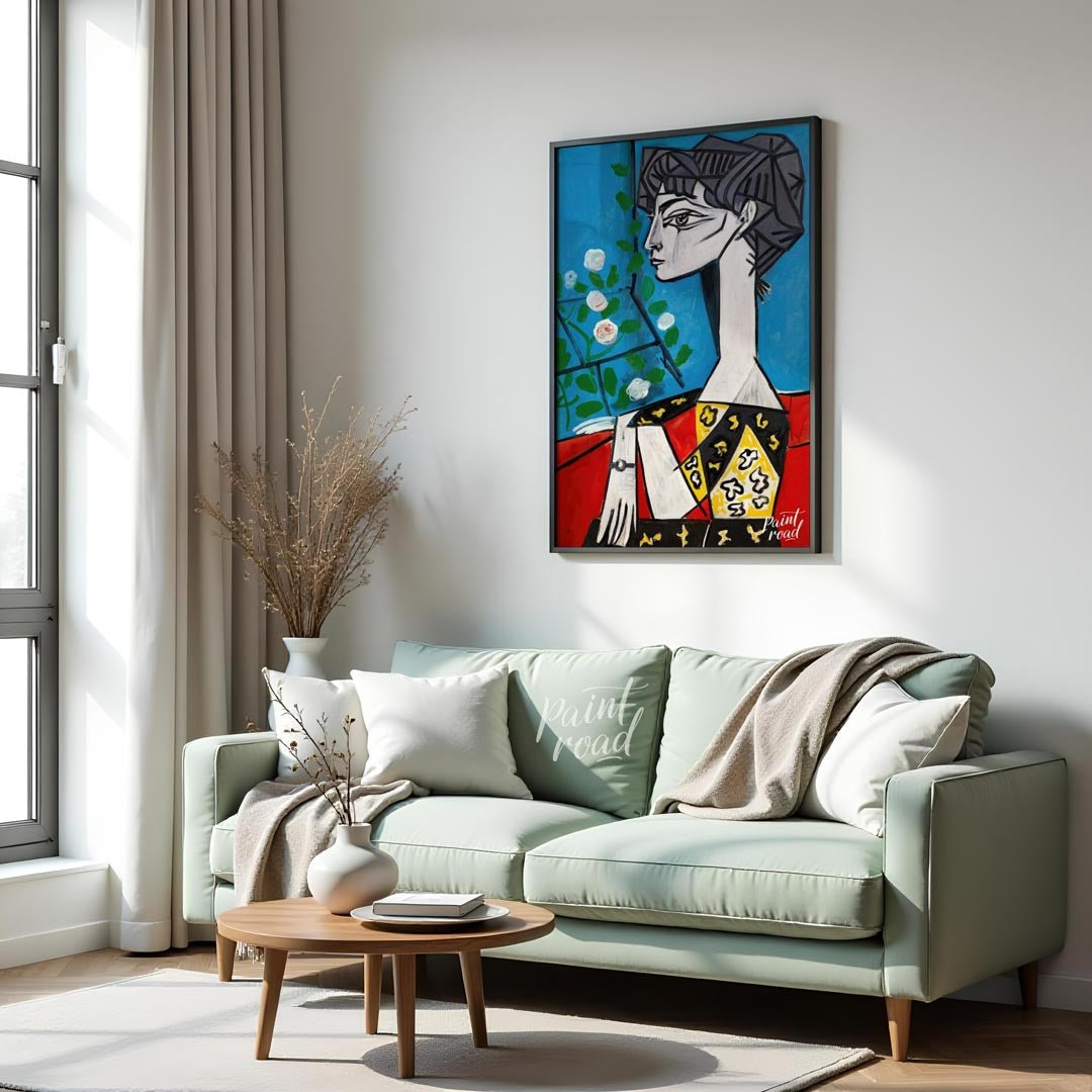 This masterwork art print features Pablo Picasso’s iconic painting, “Jacqueline with Flowers.” The … for living room
