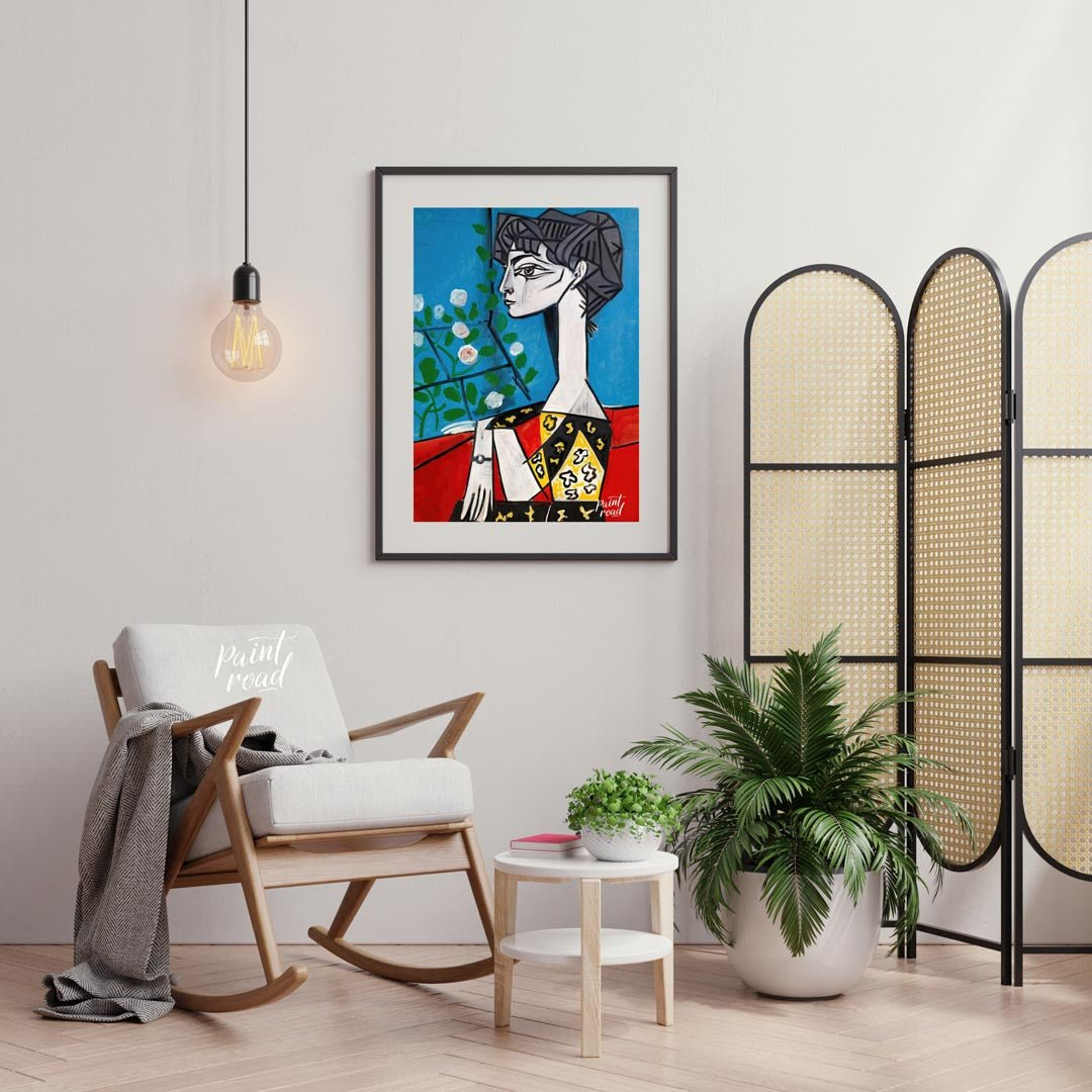 This masterwork art print features Pablo Picasso’s iconic painting, “Jacqueline with Flowers.” The … for living room