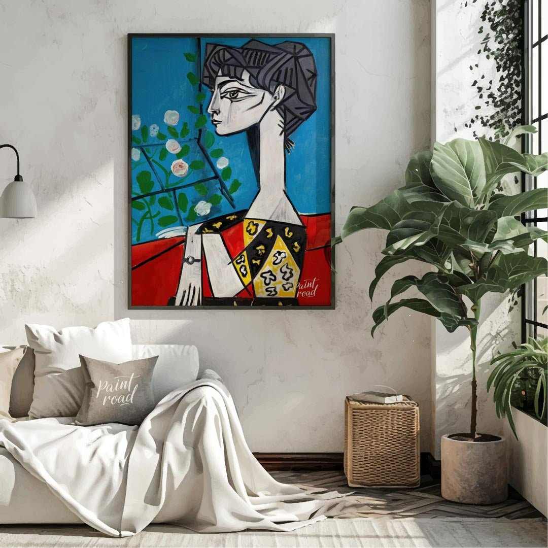 This masterwork art print features Pablo Picasso’s iconic painting, “Jacqueline with Flowers.” The … for living room