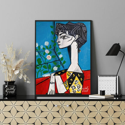 This masterwork art print features Pablo Picasso’s iconic painting, “Jacqueline with Flowers.” The … for office