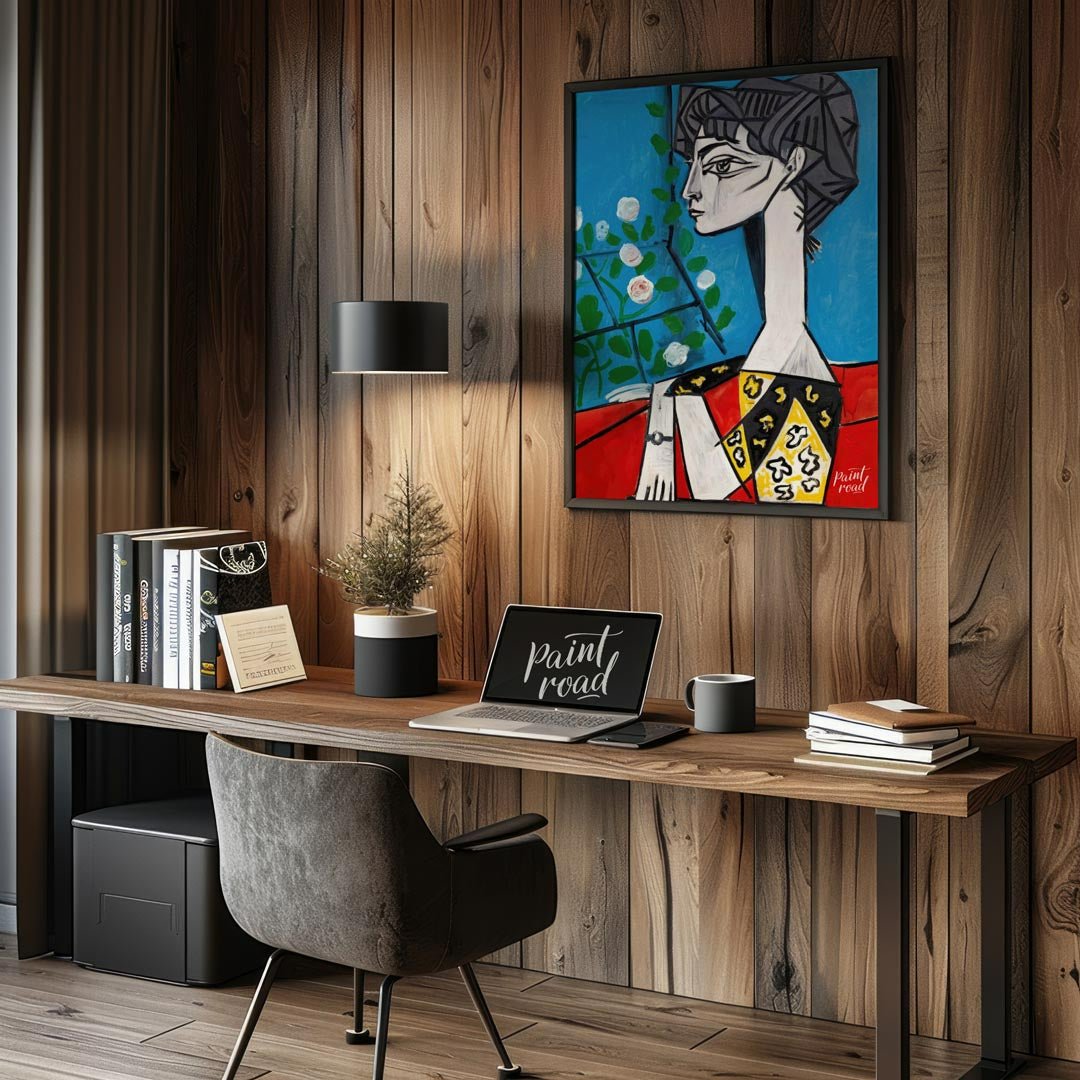This masterwork art print features Pablo Picasso’s iconic painting, “Jacqueline with Flowers.” The … for office