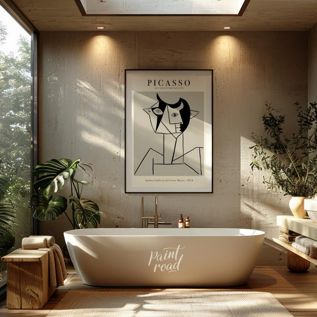 This poster features a striking line drawing by Pablo Picasso, characteristic of his distinctive cu… for bathroom