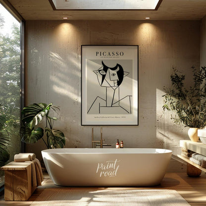 This poster features a striking line drawing by Pablo Picasso, characteristic of his distinctive cu… for bathroom