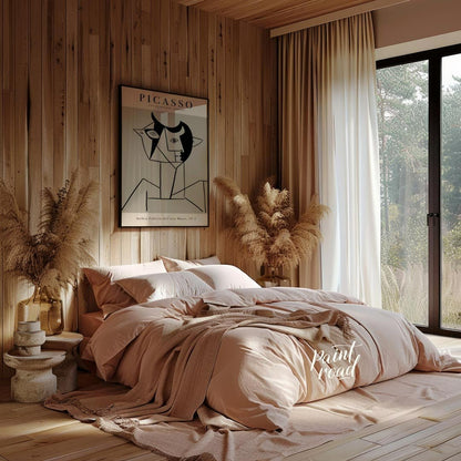 This poster features a striking line drawing by Pablo Picasso, characteristic of his distinctive cu… for bedroom