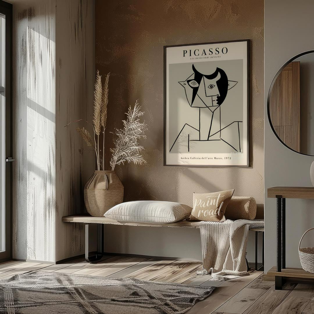 This poster features a striking line drawing by Pablo Picasso, characteristic of his distinctive cu… for entryway
