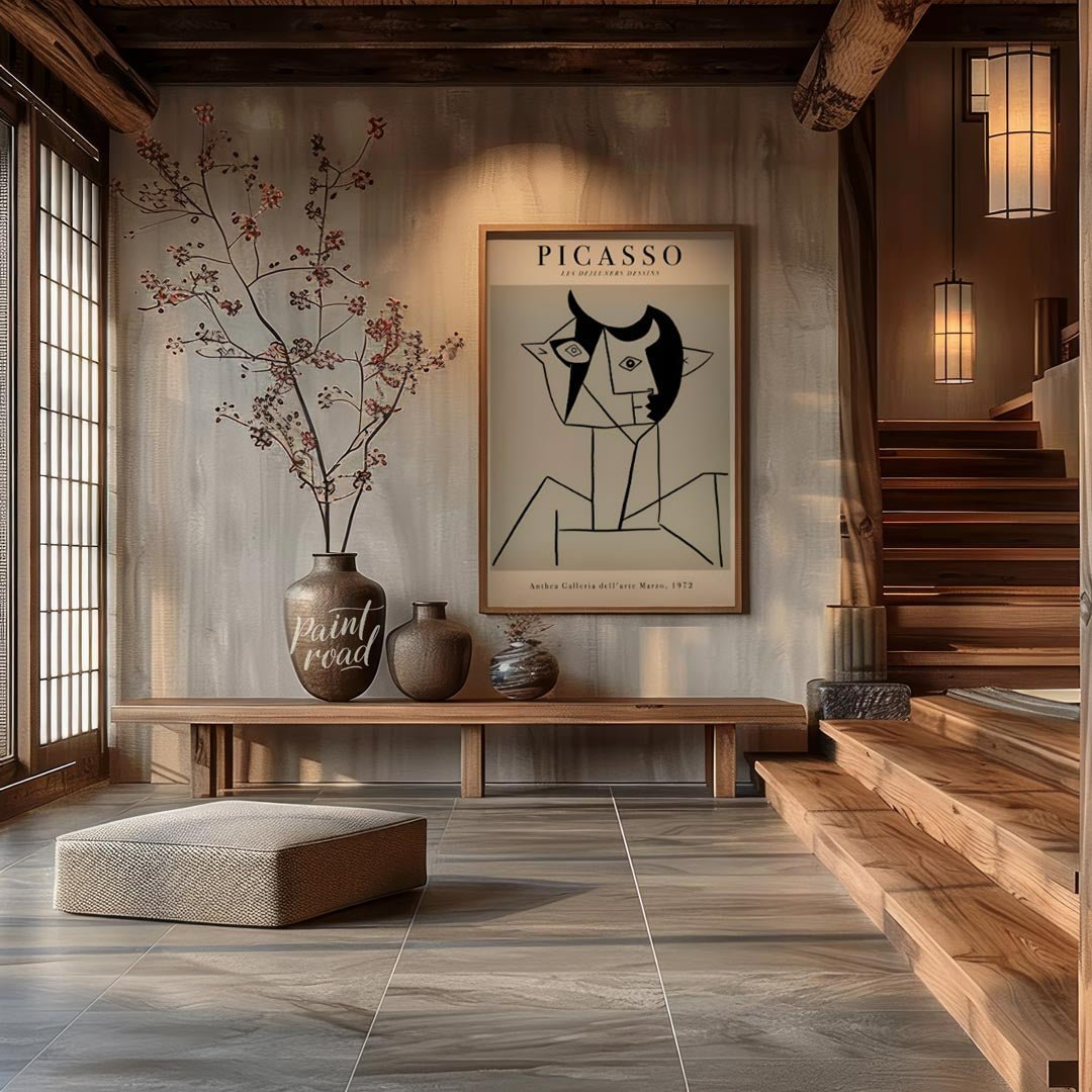 This poster features a striking line drawing by Pablo Picasso, characteristic of his distinctive cu… for entryway