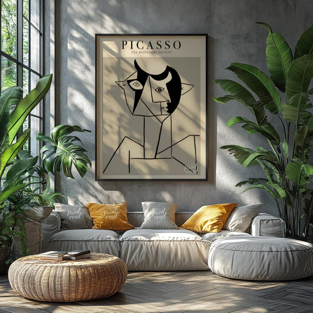 This poster features a striking line drawing by Pablo Picasso, characteristic of his distinctive cu… for living room