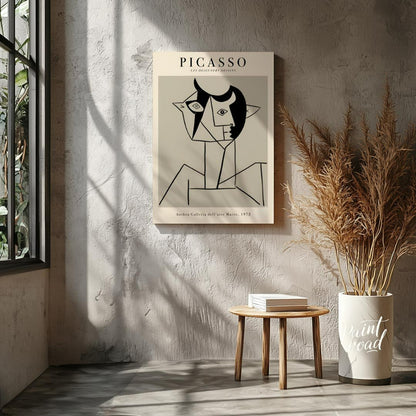 This poster features a striking line drawing by Pablo Picasso, characteristic of his distinctive cu… for living room