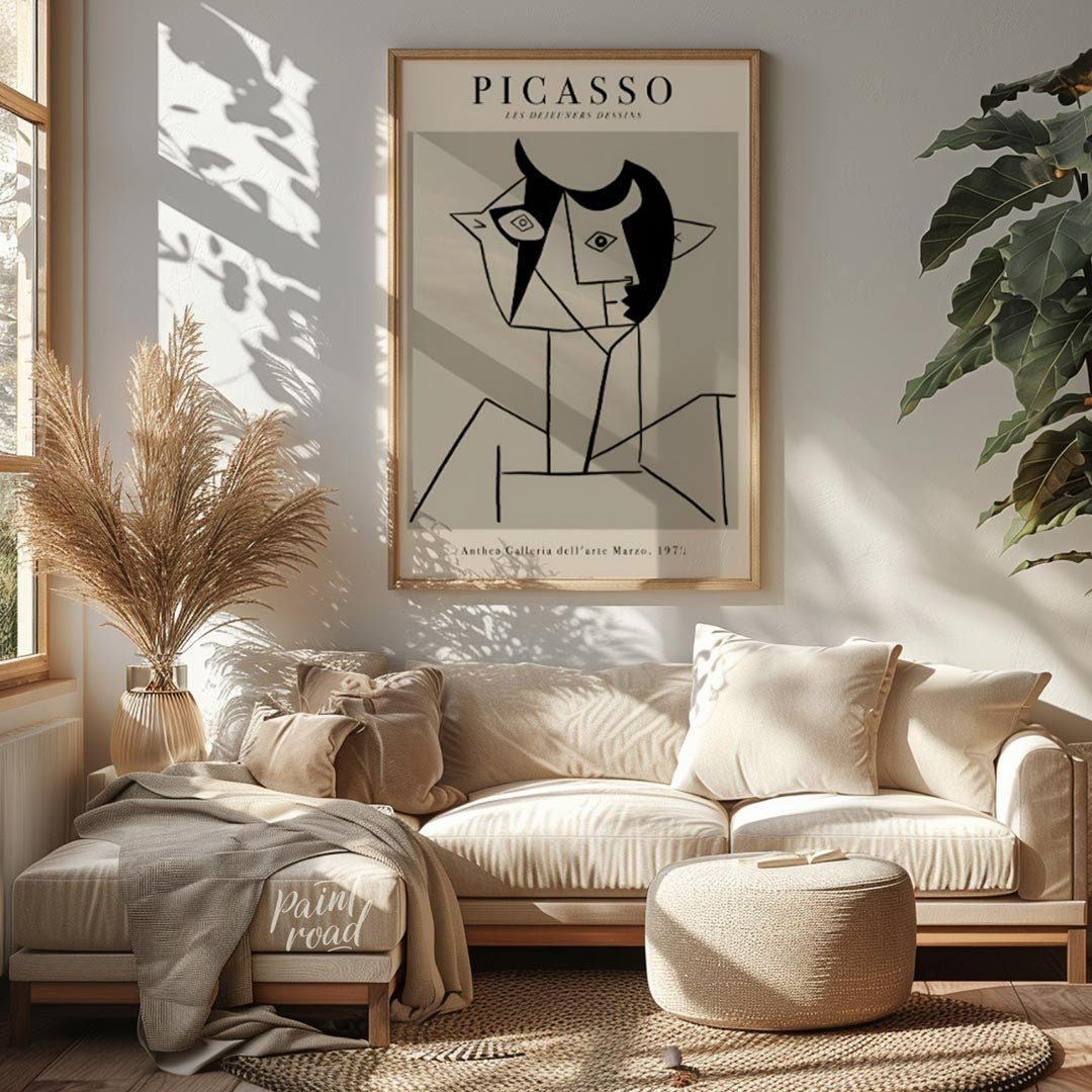 This poster features a striking line drawing by Pablo Picasso, characteristic of his distinctive cu… for living room