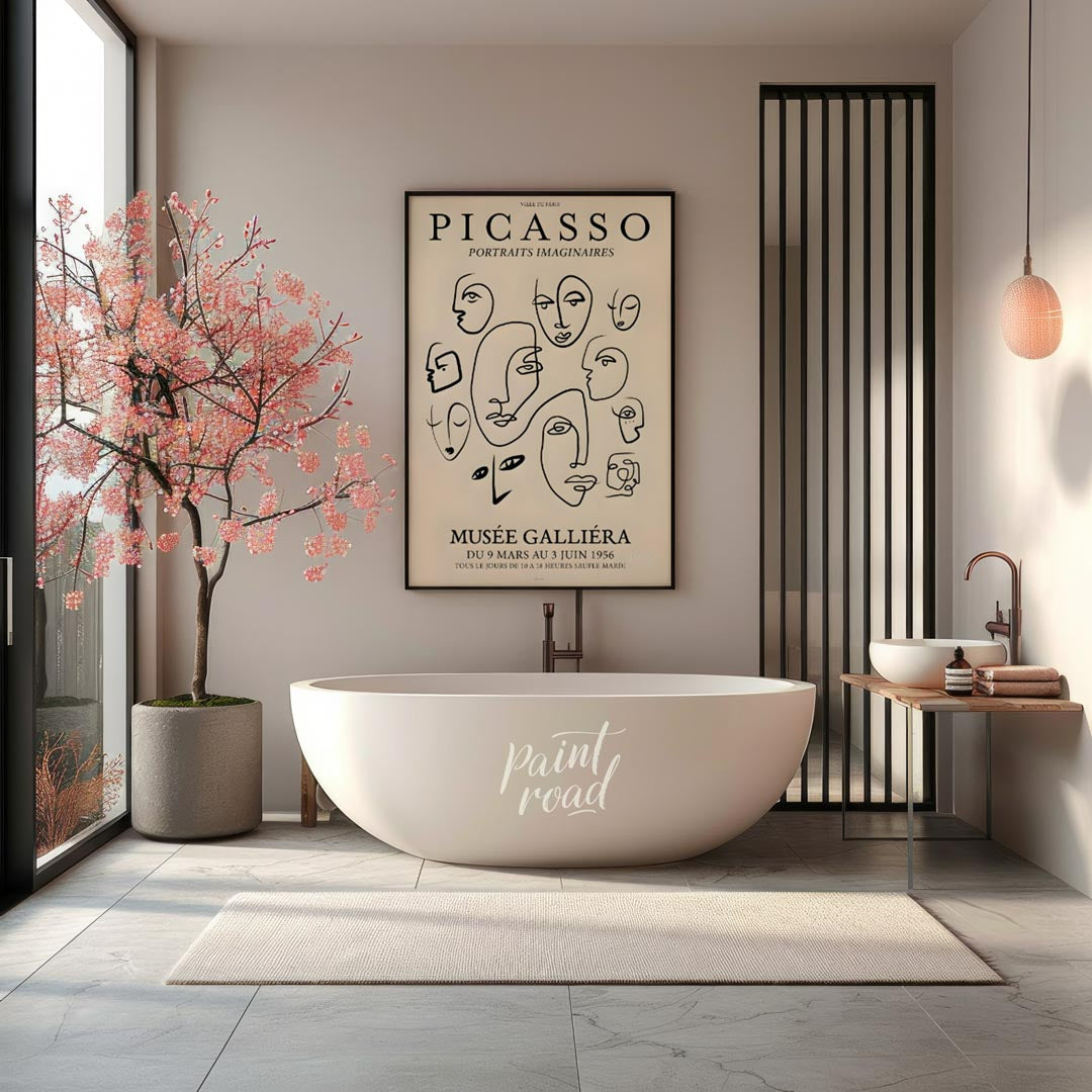 Introduce timeless sophistication with “Picasso Line Faces Tribute,” a vintage-style poster inspire… for bathroom