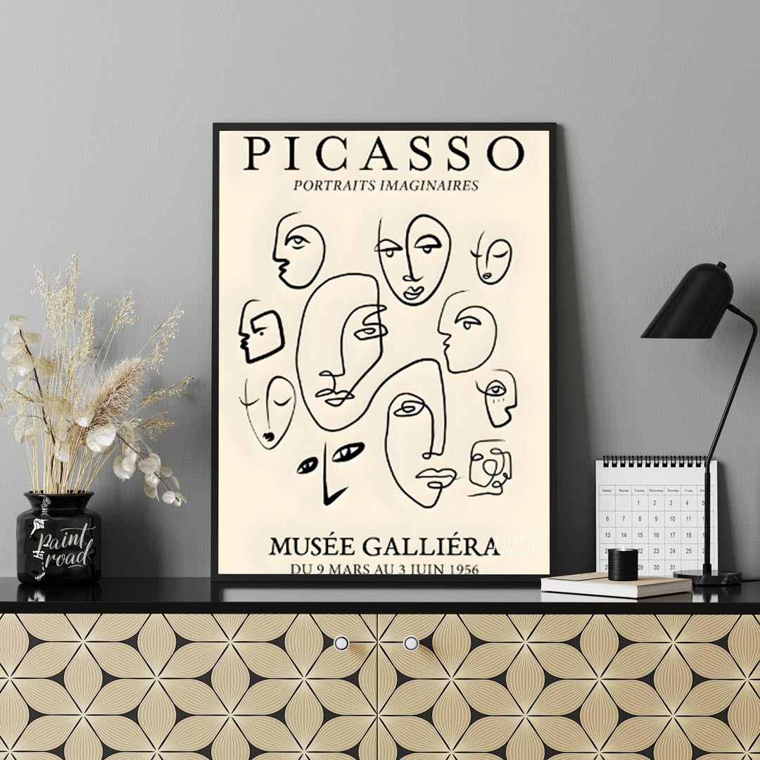 Introduce timeless sophistication with “Picasso Line Faces Tribute,” a vintage-style poster inspire… for dining room