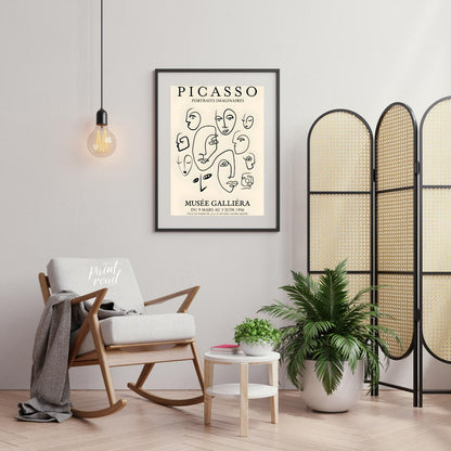 Introduce timeless sophistication with “Picasso Line Faces Tribute,” a vintage-style poster inspire… for living room