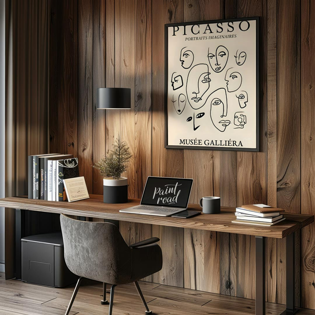 Introduce timeless sophistication with “Picasso Line Faces Tribute,” a vintage-style poster inspire… for office