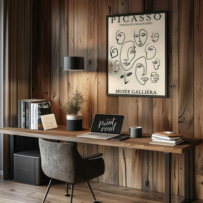 Introduce timeless sophistication with “Picasso Line Faces Tribute,” a vintage-style poster inspire… for office