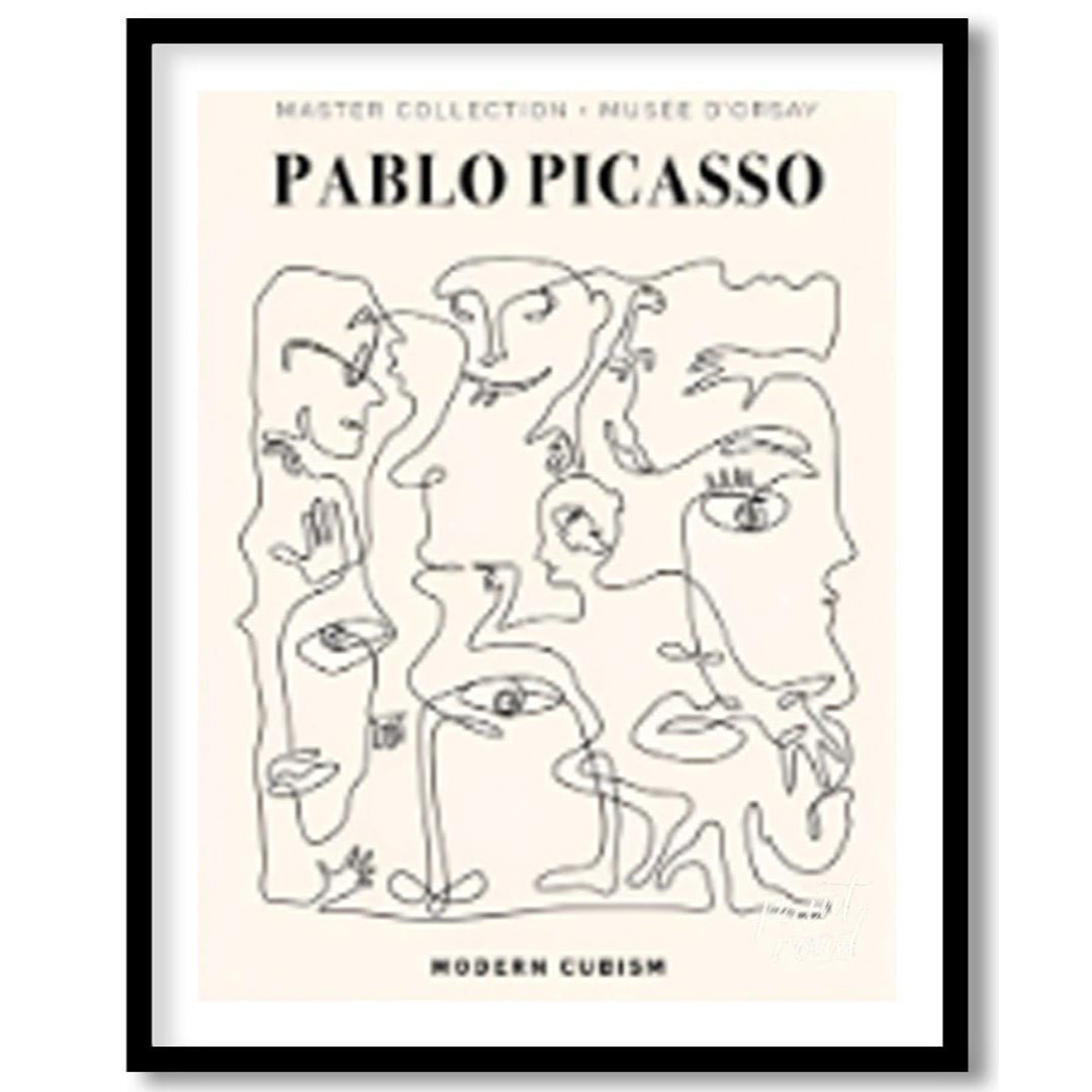 This poster, titled “MASTER COLLECTION + MUSÉE D’ORSAY PABLO PICASSO MODERN CUBISM,” presents a dyn… for place