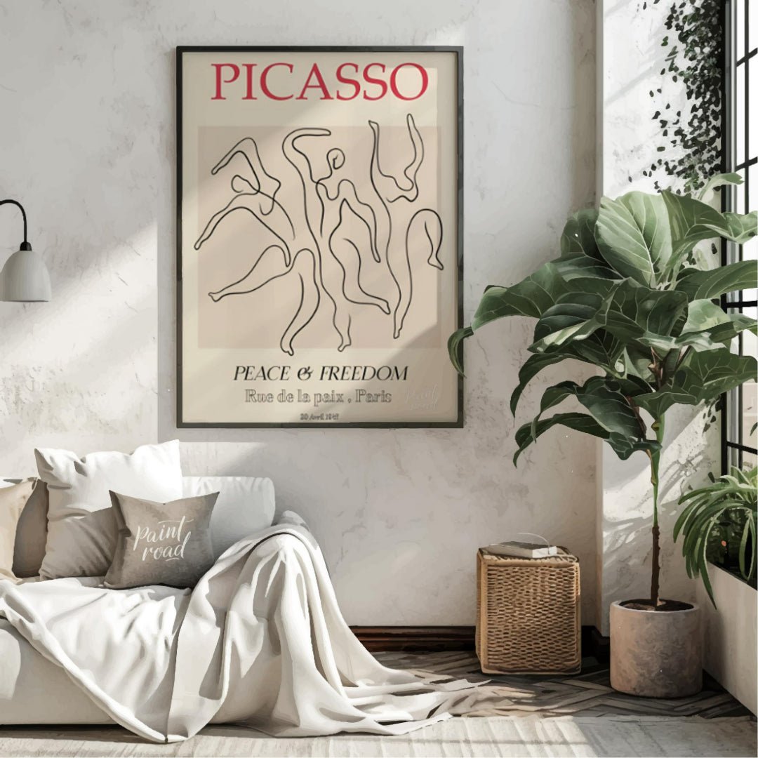 This elegant and iconic poster, “PICASSO: PEACE & FREEDOM,” uses a powerful illustration inspired b… for living room