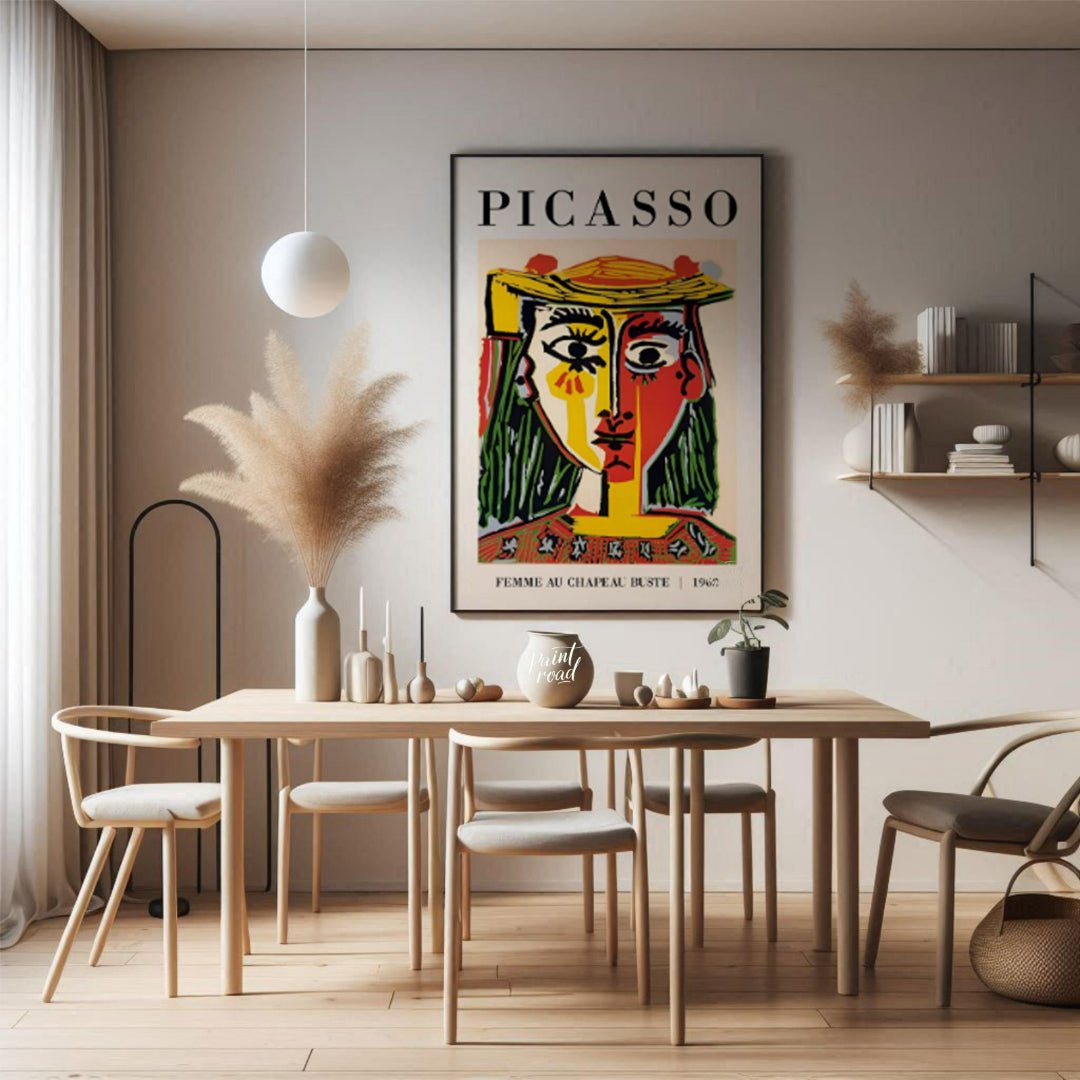 This iconic poster features Pablo Picasso’s “Bust of a Woman with a Hat” (Femme au Chapeau Buste), … for dining room