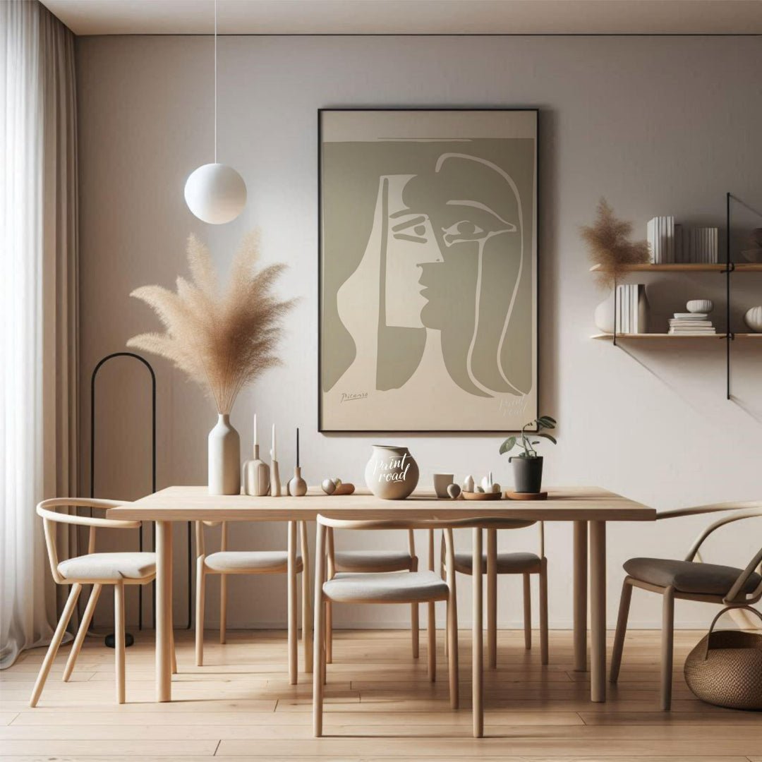 This striking artwork, titled "Cubist Woman in Profile," is a lithograph by Pablo Picasso, created … for dining room