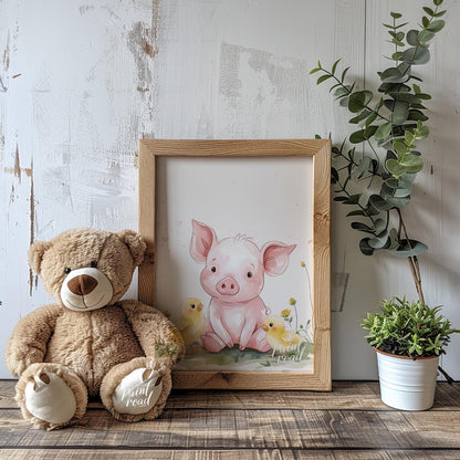 This endearing watercolor illustration captures a heartwarming scene of friendship between a sweet … for nursery