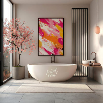 This vibrant abstract painting features bold, expressive brushstrokes in a dynamic palette of fuchs… for bathroom