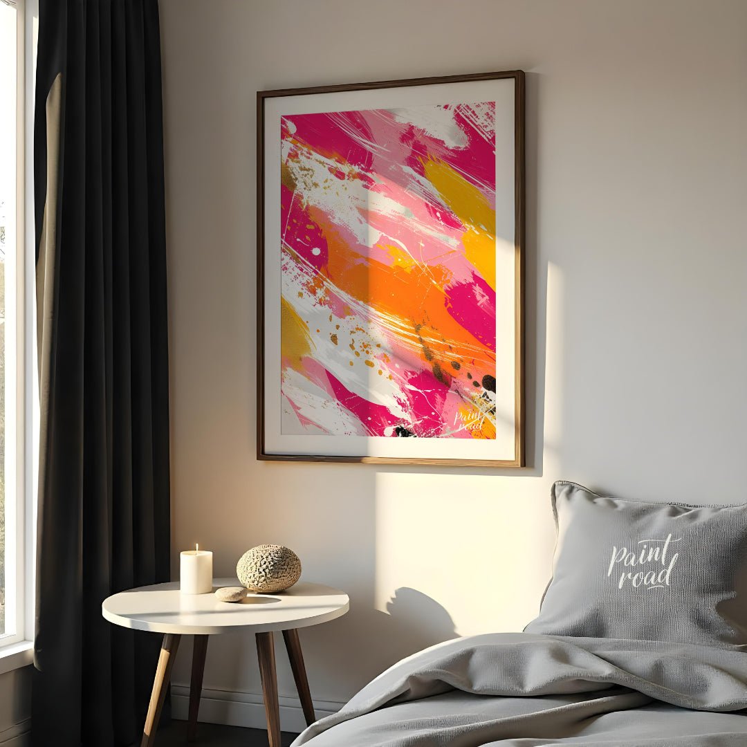 This vibrant abstract painting features bold, expressive brushstrokes in a dynamic palette of fuchs… for bedroom