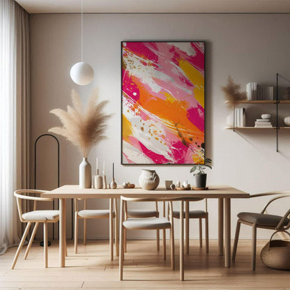 This vibrant abstract painting features bold, expressive brushstrokes in a dynamic palette of fuchs… for dining room