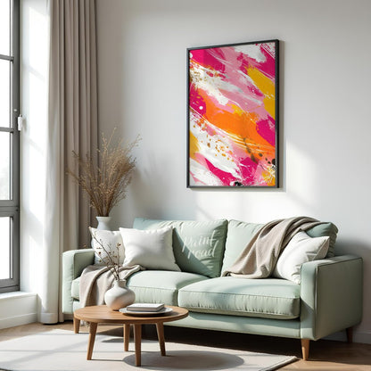 This vibrant abstract painting features bold, expressive brushstrokes in a dynamic palette of fuchs… for living room