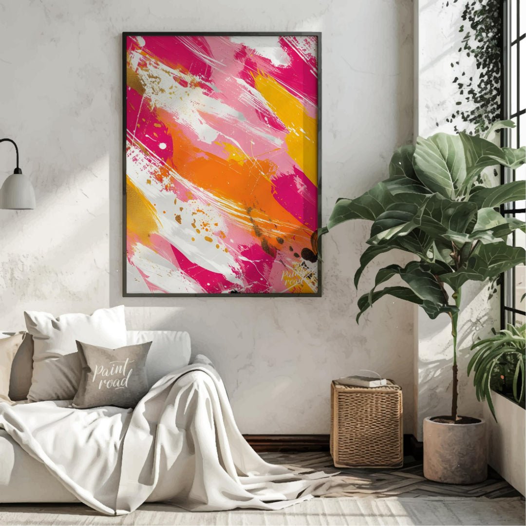 This vibrant abstract painting features bold, expressive brushstrokes in a dynamic palette of fuchs… for living room
