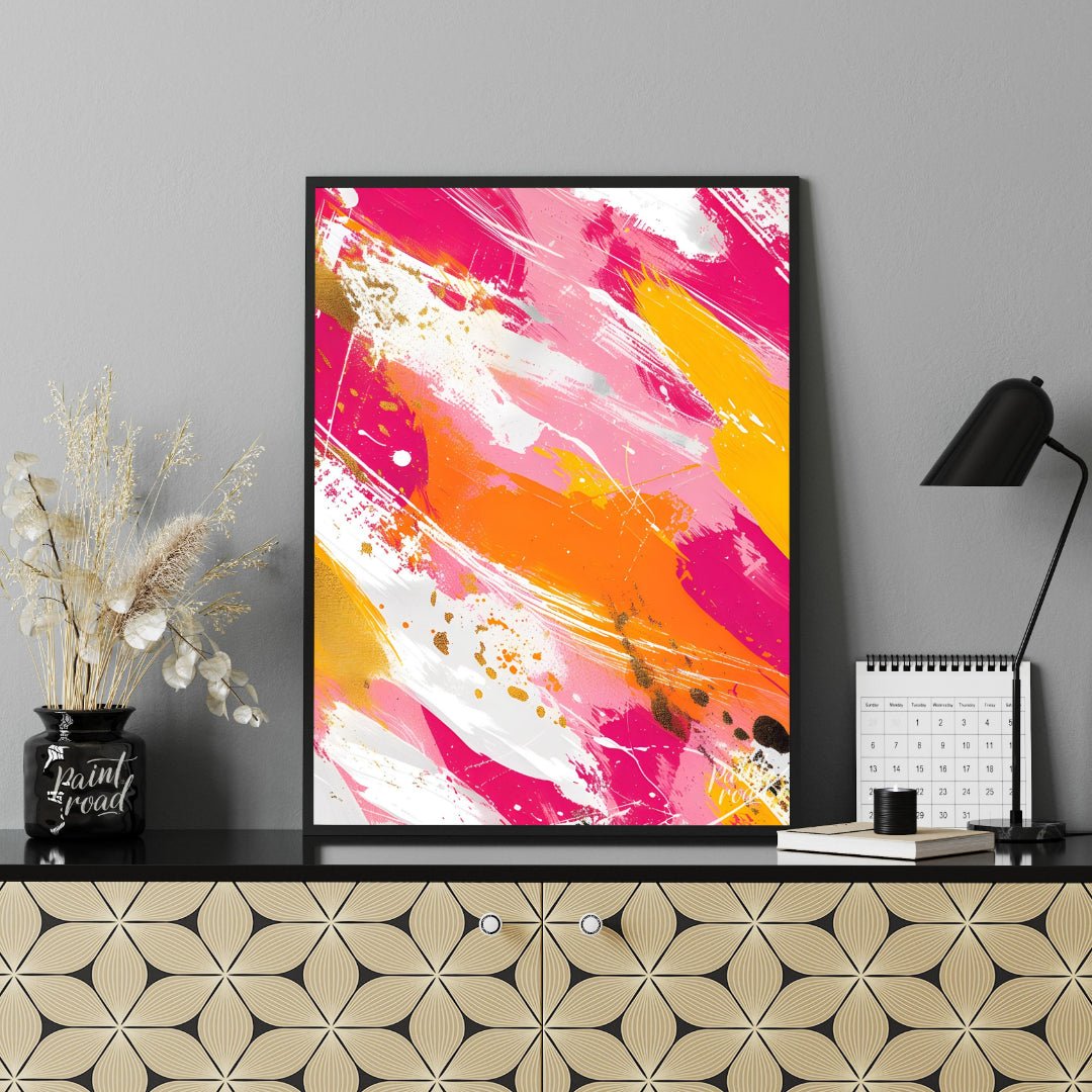 This vibrant abstract painting features bold, expressive brushstrokes in a dynamic palette of fuchs… for office